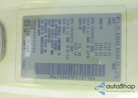 2015 Nissan Nv200 S/Sv z USA, uszkodzony, nr VIN 3N6CM0KN9FK727954